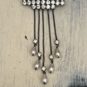 Vintage Estate Clear Rhinestone Faux Pearl Dangle Pin Brooch Rectangle